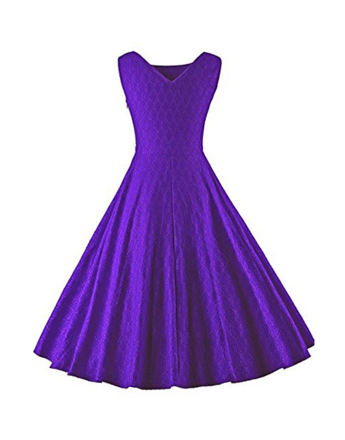 Purple Dress Sleeveless V-Neck Jacquard Solid Color Homecoming Dress Midi Swing Party Evening Dresses